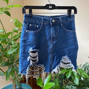 Distressed Fishnet Jean Skirt